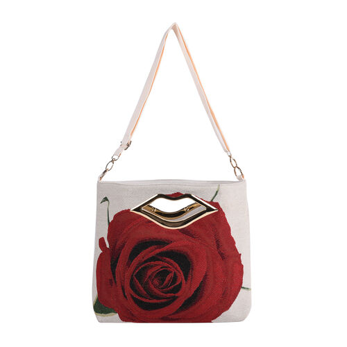 Jacquard Crossbody Tasche, Rose Muster, Größe 39x10x26 cm, Beige und Rot image number 0