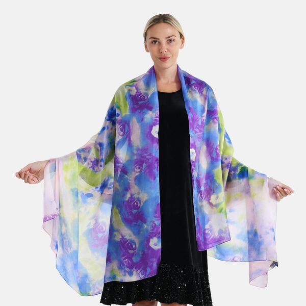  LA MAREY signature 100% silk scarf110*195cmweight:40gcolor:Blue leaves and pink floral patternsMaterial:100% Mulberry silk image number 0