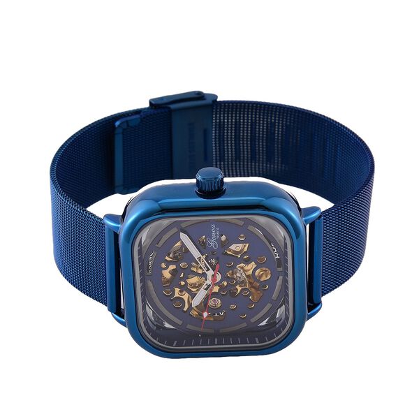 GENOA TIME V2 42mm Automatische Mechanikuhr - Schwarzes hohles Zifferblatt, Gehäuse aus Legierung mit IPS-Beschichtung, Edelstahl-Mesh-Armband, 3 ATM wasserdicht, Reiner Edelstahl, 8.5 cm, blau image number 5