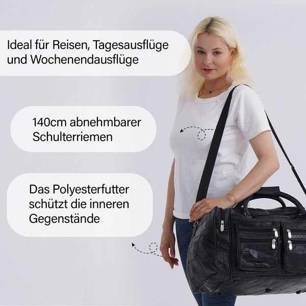 Patchwork-Reisetasche aus Schafleder mit 6 Außentaschen und Schulterriemen, 51x29x28 cm, Schwarz image number 5