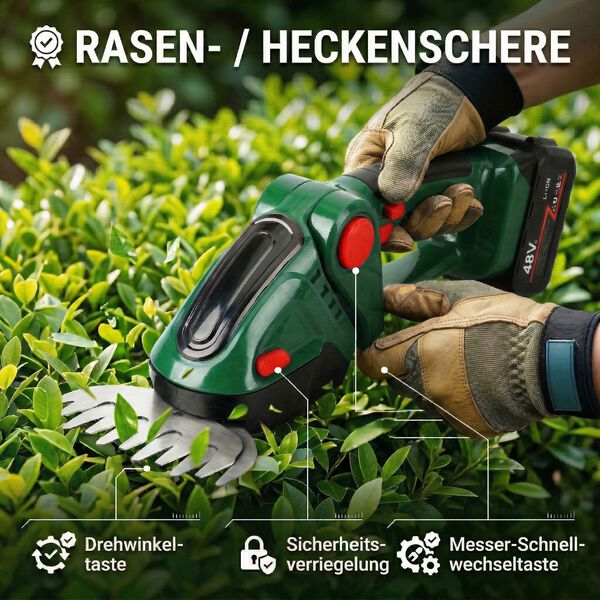 Akku Gras und Strauchschere, 2 in 1 Gartenschneider, 6000 mAh, 390 W, Gr&uuml;n image number 3