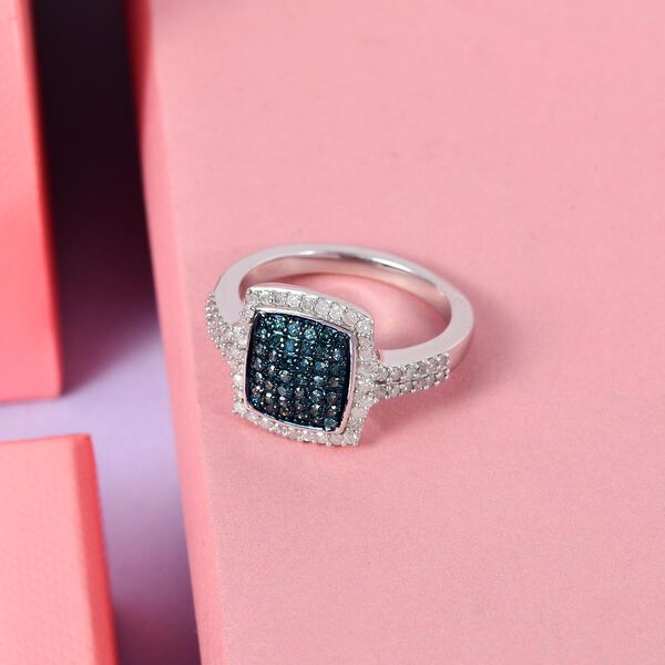Wei&szlig;er und blauer Diamant-Halo-Ring, 925 Silber platiniert, 0,75 ct. image number 2