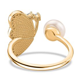 Weiße Süßwasser Perle, Weißer Zirkonia Ring Flexibles (Größe 17.00-18.00), Nickelfreies Messing gelb vergoldet