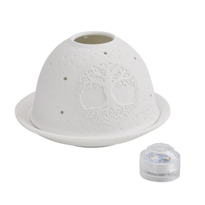 Exquisiter Teelichthalter mit LED-Licht, 3D-Motiv 'Lebensbaum', unglasiertes wei&szlig;es Porzellan, ideal als Tischdekoration und Nachtlicht, Gr&ouml;&szlig;e: 10.5x7.5 cm