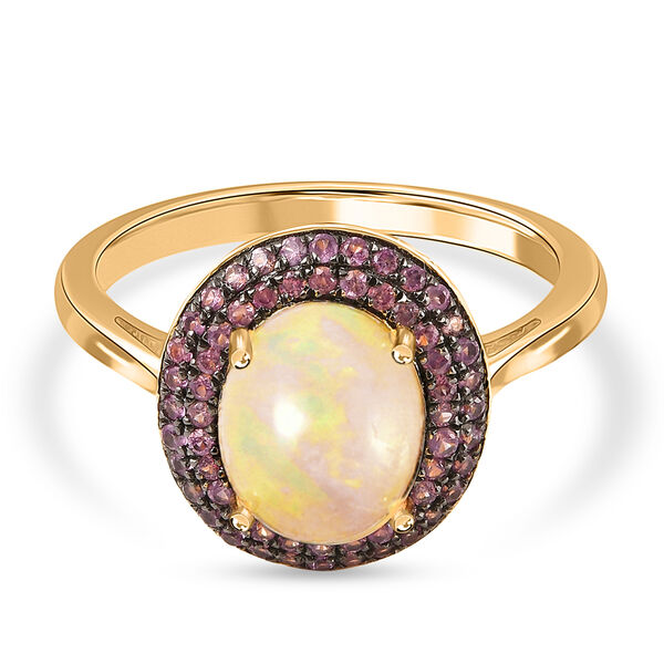 &Auml;thiopischer Opal und Rosa Saphir Halo Ring 925 Silber Gelbgold Vergoldet