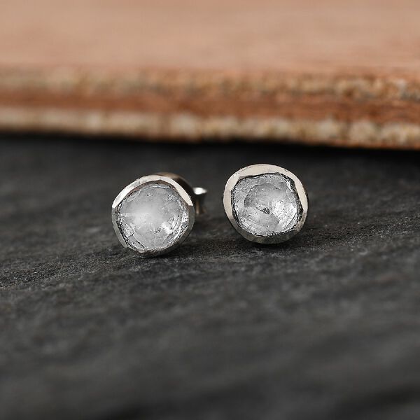 Handgefertigte Polki Diamant Solit&auml;r-Ohrstecker in Silber image number 2