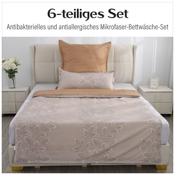 6-teiliges Set: antibakterielle, antiallergische Mikrofaser-Bettw&auml;sche, Blattmuster, Karamell image number 10
