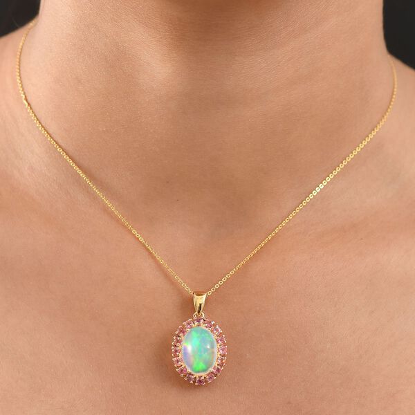 D'Joy AAA Nat&uuml;rlicher, &auml;thiopischer Welo Opal, Rosa Turmalin Schmuckset ca. 50 cm 925 Silber 750 Gelbgold Vermeil ca. 5.09 ct image number 2