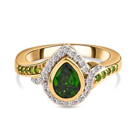 Natürlicher Chromdiopsid und weißer Zirkon-Ring, 925 Silber vergoldet  ca. 1,09 ct