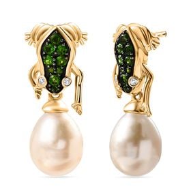 GP Kollektion -Süßwasser Perle, Natürlicher Chromdiopsid Ohrringe 925 Silber 750 Gelbgold Vermeil 22.08 ct
