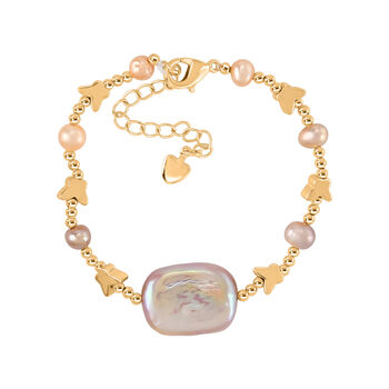 Rosa S&uuml;&szlig;wasser Perle, Lila S&uuml;&szlig;wasser Perle Armband ca. 15.85 cm + 3.5 cm Extender, Nickelfreies Messing, Goldfarben