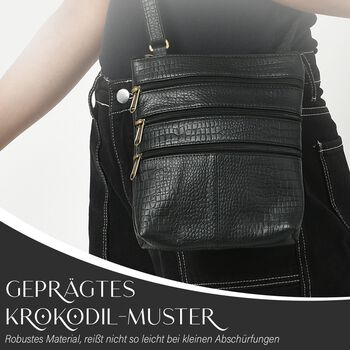 Echtleder Crossbody Tasche mit Kroko-Pr&auml;gung, Schwarz
