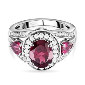 Rhodolith Granat und Zirkon-Halo-Ring, 925 Silber platiniert, 3,38 ct.
