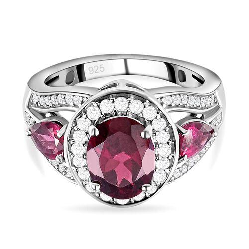 Rhodolith Granat und Zirkon-Halo-Ring, 925 Silber platiniert, 3,38 ct. image number 0