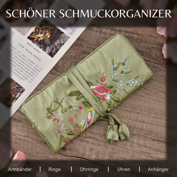 Schmuckorganizer aus Satin mit Stickerei und 5 Premium-Poliert&uuml;chern, 20x9cm, Olive image number 1