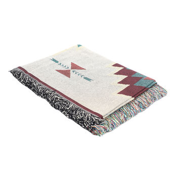 Jacquard gewebte H&auml;keldecke mit Fransen, Santa-Fe-Muster, Gr&ouml;&szlig;e 130x150 cm, Elfenbeinfarben