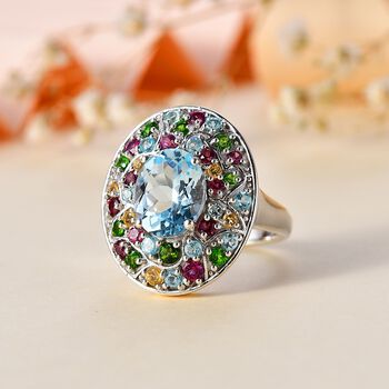 Himmelblauer Topas, Nat&uuml;rlicher Rhodolith Granat Ring 925 Silber rhodiniert (Gr&ouml;&szlig;e 17.00) ca. 5.89 ct