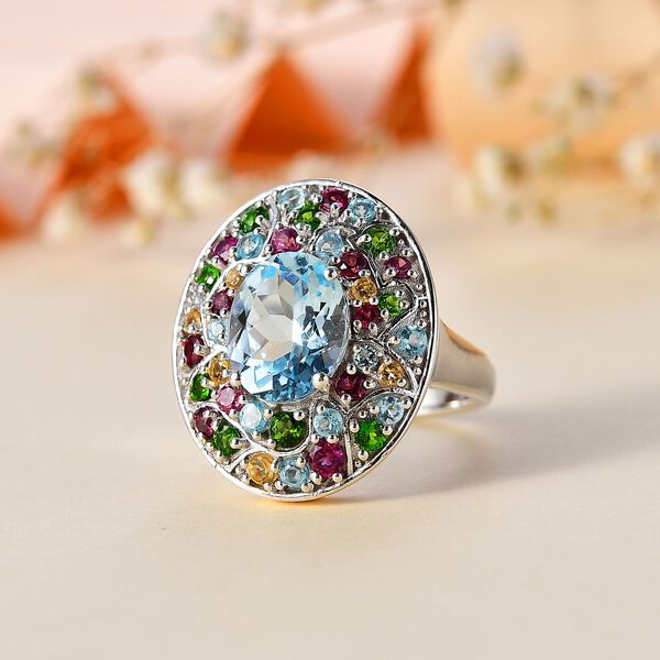 Himmelblauer Topas, Nat&uuml;rlicher Rhodolith Granat Ring 925 Silber rhodiniert (Gr&ouml;&szlig;e 17.00) ca. 5.89 ct image number 2