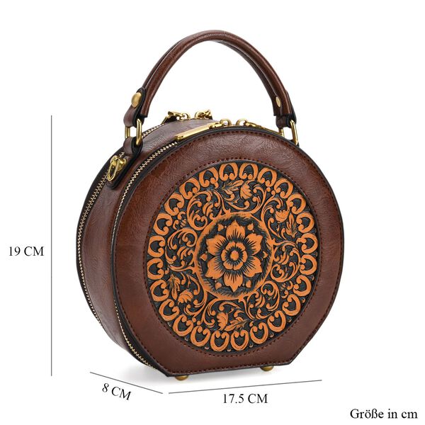 Runde Crossbody-Bag mit Mandala-Prägung, 19x8x18 cm, Braun image number 7