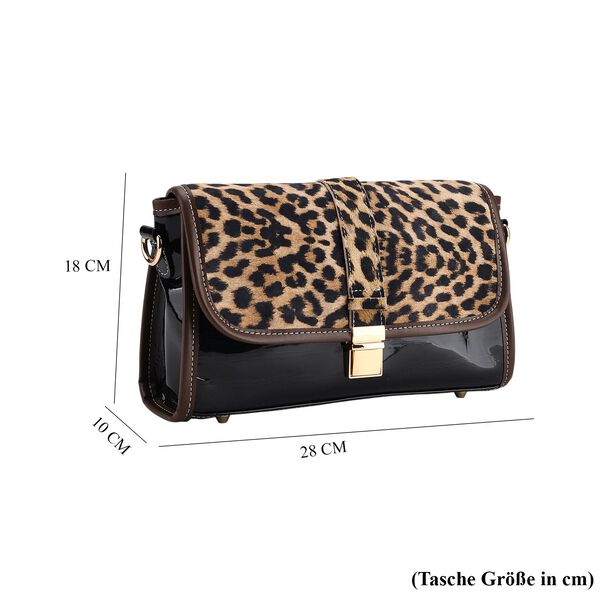 Chaos by Elsie- Echtleder Crossbody Tasche mit RFID-Schutz, Leopardenmotiv Klappe, 2 Au&szlig;enf&auml;cher mit Rei&szlig;verschluss, 28x10x18cm, Schwarz image number 8