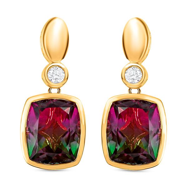 Wassermelonen-Quarz-Triplett und wei&szlig;e Zirkon-Ohrringe, 925 Silber vergoldet ca. 9.66 ct