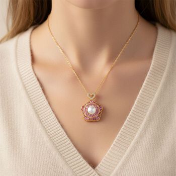 Wei&szlig;e S&uuml;&szlig;wasser Perle (8-10 mm), Rosa Zirkonia Schmuckset ca. 50 cm + 5 cm Extender, Nickelfreies Messing, Reines Kupfer vergoldet