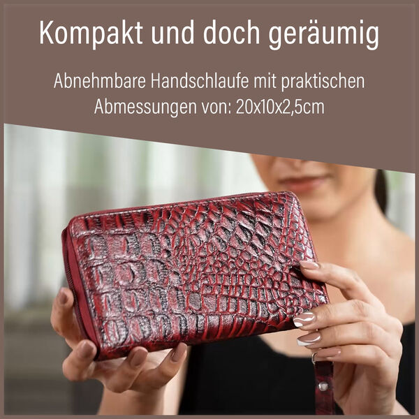 RFID-gesch&uuml;tzte Brieftasche aus 100% echtem Leder mit Kroko-Pr&auml;gung und abnehmbarer Trageschlaufe, Dunkelrot image number 5