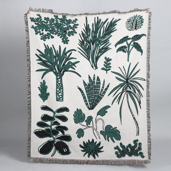 Handgewebte Jacquard-Decke mit Fransen, 100% Baumwolle, Palmenmuster, Gr&uuml;n und Elfenbein