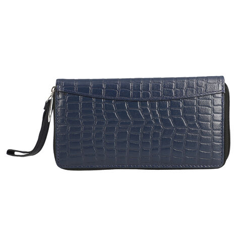 Brieftasche aus 100% echtem Leder, RFID Kroko-Prägung mit abnehmbarem Riemen, Dunkelblau image number 0