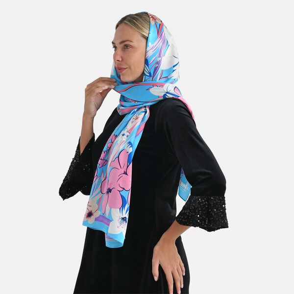 LA MAREY Signature Seidenschal aus 100% Maulbeerseide, 55 x 170 cm, Blau Floral image number 3