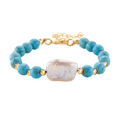 Blauer Howlit, Wei&szlig;e Keshi Perle Armband, ca. 18cm mit 5cm extender, Reine Legierung goldfarben