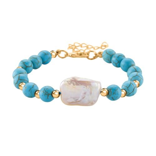 Blauer Howlit, Weiße Keshi Perle Armband ca. Flexibles cm Standard gelb vergoldet 55.00 ct image number 0
