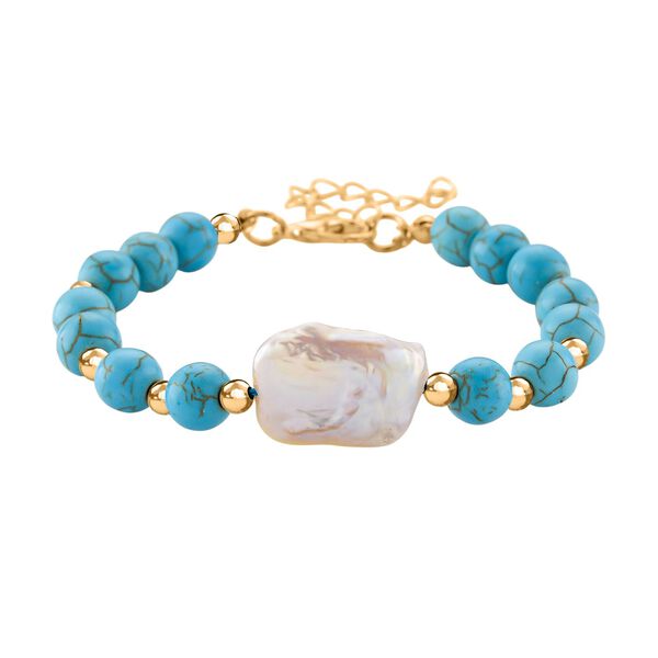 Blauer Howlit, Wei&szlig;e Keshi Perle Armband, ca. 18cm mit 5cm extender, Reine Legierung goldfarben