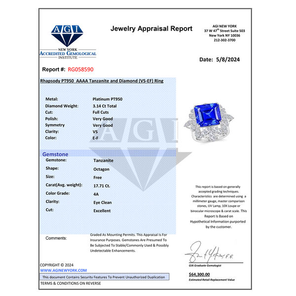 Chairman's Vault Collection - zertifiziert und geprüft RHAPSODY AAAA Tansanit und VS-EF Diamant Ring in 950 Platin - 20,85 ct. image number 7