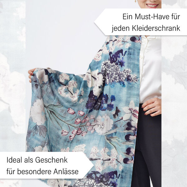 LA MAREY Schal aus 100% Premium-Kaschmir mit Digitaldruck, 70x200cm, graublau geblümt image number 3