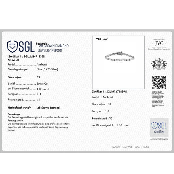 Lab Grown Diamant VS-EF Armband SGL zertifiziert ca. 19 cm 925 Silber platiniert ca. 1,00 ct. image number 5