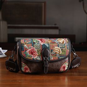 Bestickte Kunstleder Crossbody Tasche, Blumen Design, 22 x 8 x 16 cm, Braun