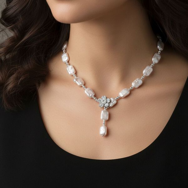 Weiße Keshi Perle, Weißer Zirkonia Halskette ca. Flexibles cm Nickelfreies Messing Standard image number 2