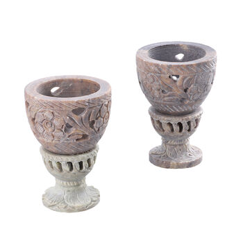 NAKKASHI handgeschnitzter Speckstein Eierbecher, Blumenmuster, 2 teilig