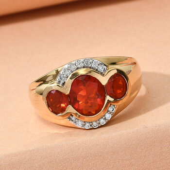 Mexikanischer Kirschfeuer-Opal und Zirkon-Ring, 925 Silber Gelbgold Vermeil  ca. 1,60 ct