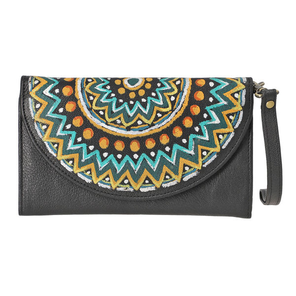 Sukriti 100% Leder: handbemalte Brieftasche mit RFID Schutz, Mandala Schwarz image number 0