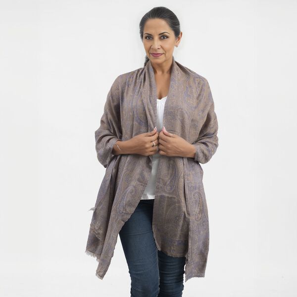 Premium Kollektion - gewebter Schulterschal, Natur Seide und Wolle, Jamawar Design, 70x200 cm, Braun image number 2