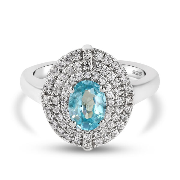 Kambodschanischer blauer und wei&szlig;er Zirkon Halo-Ring, 925 Silber platiniert  ca. 1,93 ct