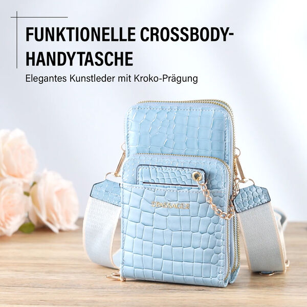 PASSAGE Crossbody Tasche aus PU-Lackleder mit Krokopr&auml;gung und RFID-Schutz, 18x7x11 cm, Himmelblau image number 1