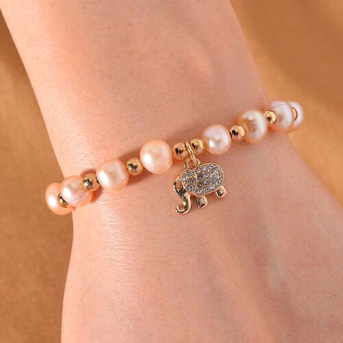 Pfirsich Süßwasser Perle und Kristall Armband in Goldton image number 1