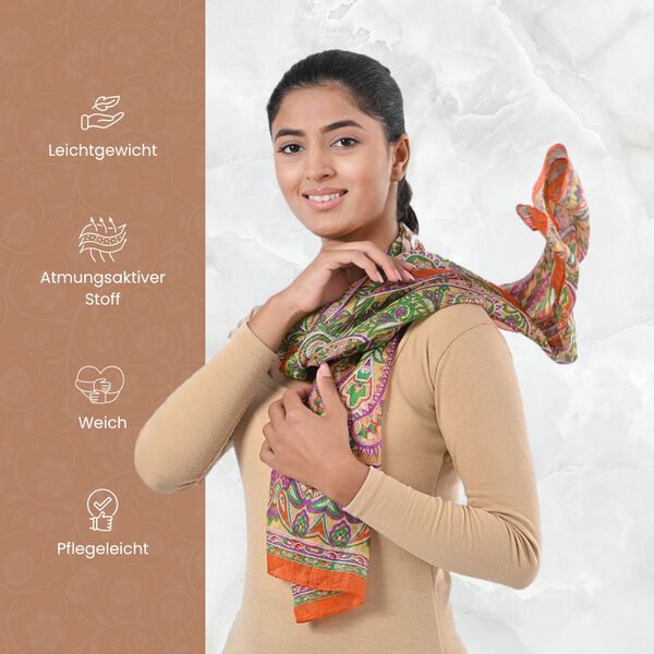 Bedruckter Schal aus 100% Seide, Mehrfarbiges Muster mit oranger Bordüre, 70x200 cm image number 3