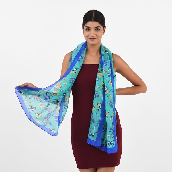 Bedruckter 100% Satin-Seidenschal, 48x160cm, Meeresblau image number 3