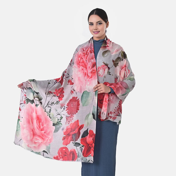 LA MAREY - Gro&szlig;formatiger Schal, 100% Kaschmirwolle, 70 x 195 cm, Rosen Blumenprint image number 0