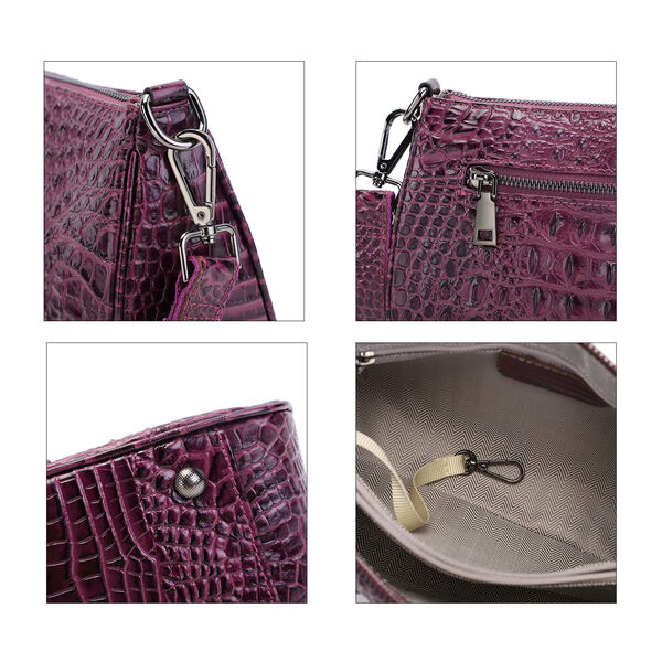 Schultertasche aus 100% echtem Leder mit Kroko-Prägung, Lila  image number 6