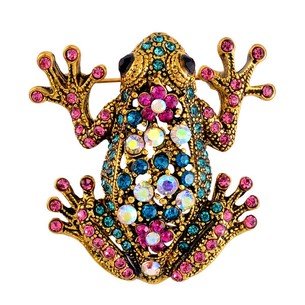 Mehrfarbiger Kristall Brosche,  Antikes Gold, Frosch
